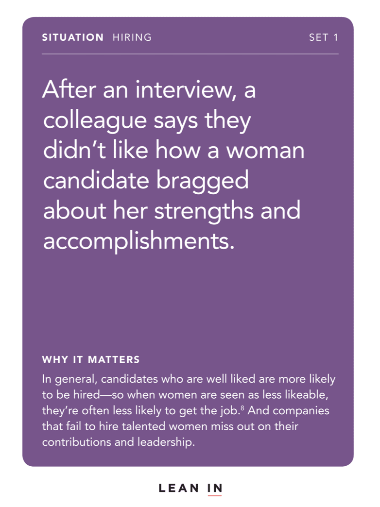 Front of card: Situation - After an interview, a colleague says they didn’t like how a woman candidate bragged about her strengths and accomplishments.