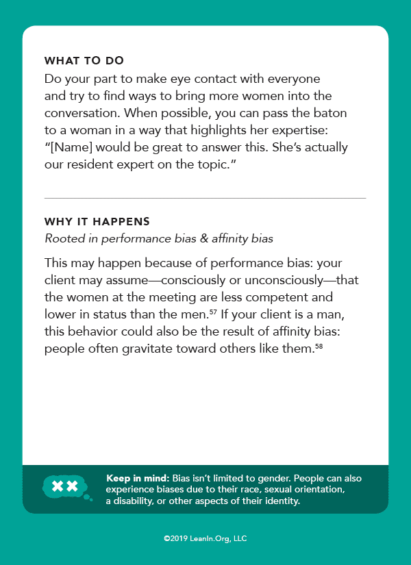 Back of card: What to do - Do your part to make eye contact with everyone and try to find ways to bring more women into the conversation.