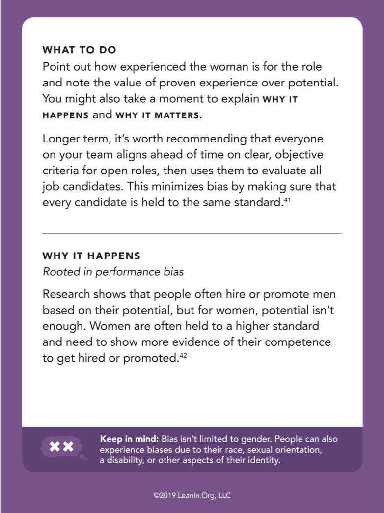 Back of card: What to do - Do your part to make eye contact with everyone and try to find ways to bring more women into the conversation.