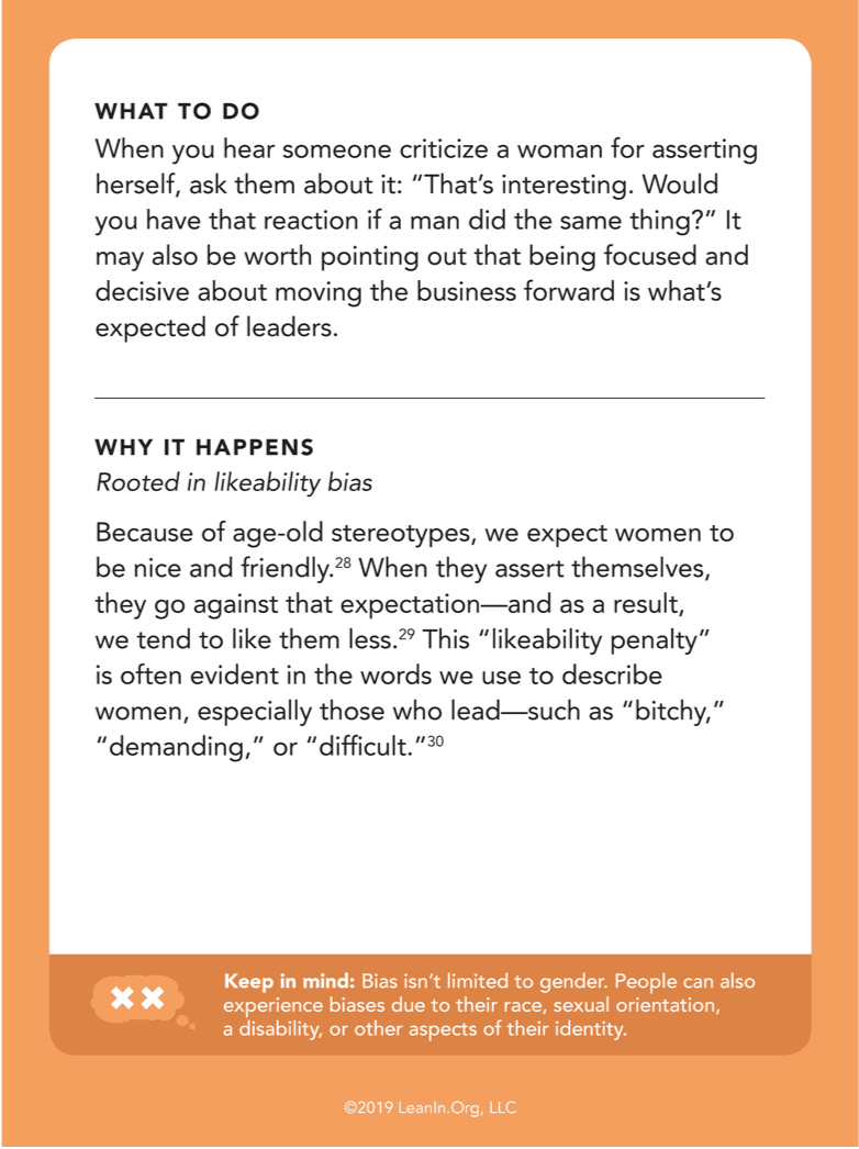 Back of card: What to do - Do your part to make eye contact with everyone and try to find ways to bring more women into the conversation.   