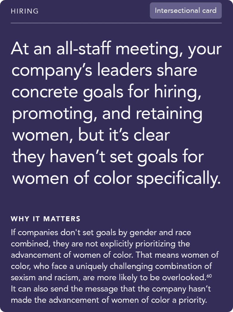 Front of card: Situation - At an all-staff meeting, your company’s leaders share concrete goals for hiring, promoting, and retaining women, but it’s clear they haven’t set goals for women of color specifically.