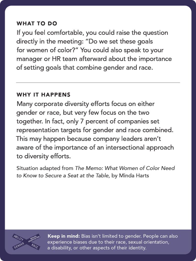 Back of card: What to do - If you feel comfortable, you could raise the question directly in the meeting: “Do we set these goals for women of color?” You could also speak to your manager or HR team afterward about the importance of setting goals that combine gender and race.
             