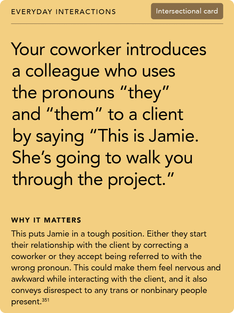 Front of card: Situation – Your coworker introduces a colleague who uses the pronouns “they” and “them” to a client by saying “This is Jamie. She’s going to walk you through the project.”