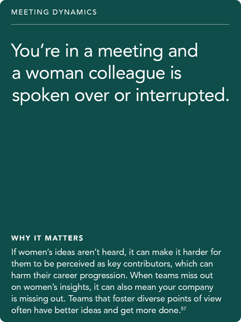 Front of card: Situation - You’re in a meeting and a woman colleague is spoken over or interrupted.